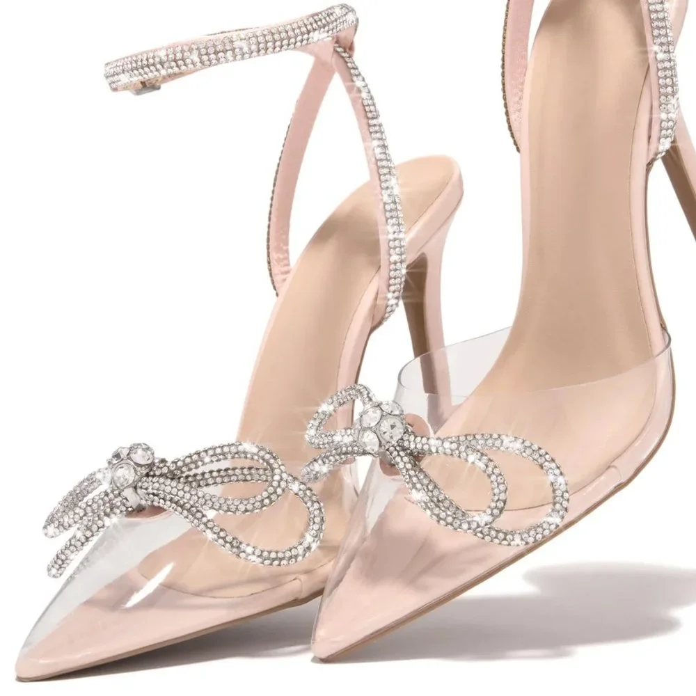 NEW Blush Nude Clear Transparent Rhinestone Bow Ankle Strap Pointy Toe Pump Heel - Picture 8 of 12